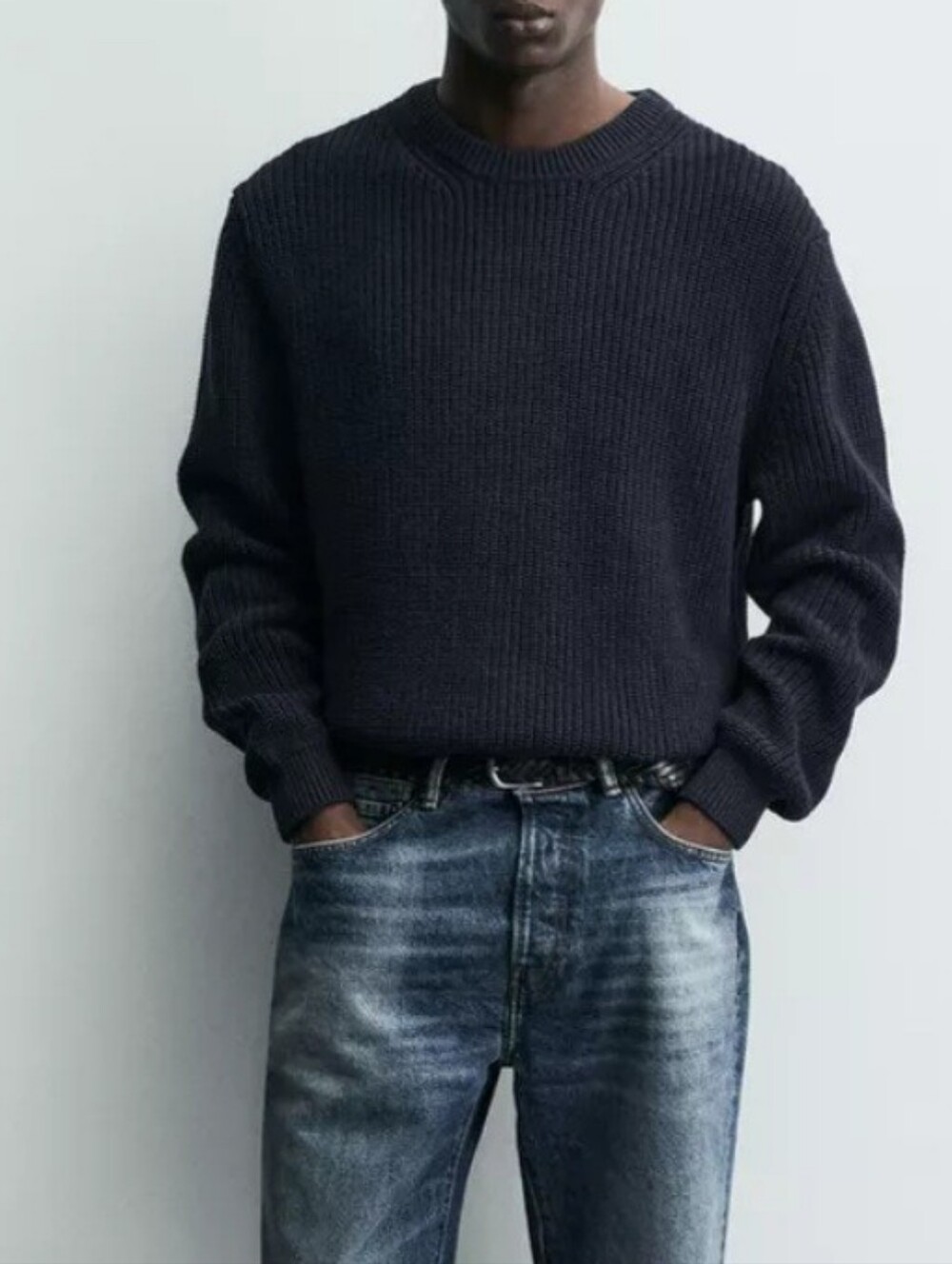 Zara Black Cotton Ribbed Crewneck Sweater